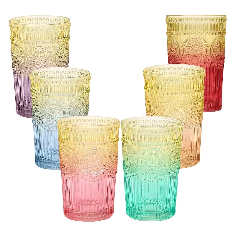TEMU 6pcs 12oz/354ml Vintage Glassware, Drinking Glass Cup Set, Colorful Textured Glass Cup, Embossed Striped Beverage Utensil, Suitable For Cocktails, Juices, Iced Coffee And Other Beverages.