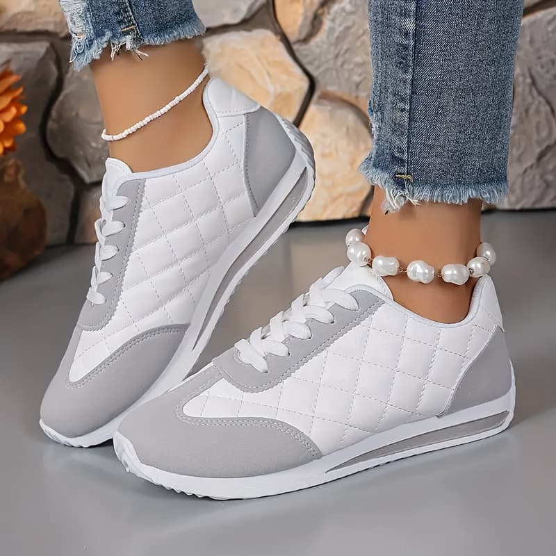 TEMU White Quilted Sneakers For Women Casual Lace-up Walking Shoes Lightweight Footwear Classic Low Top Skate Shoes Versatile Fashion Tennis Shoes For Daily Streetwear Ideal Gift, Women Shoes