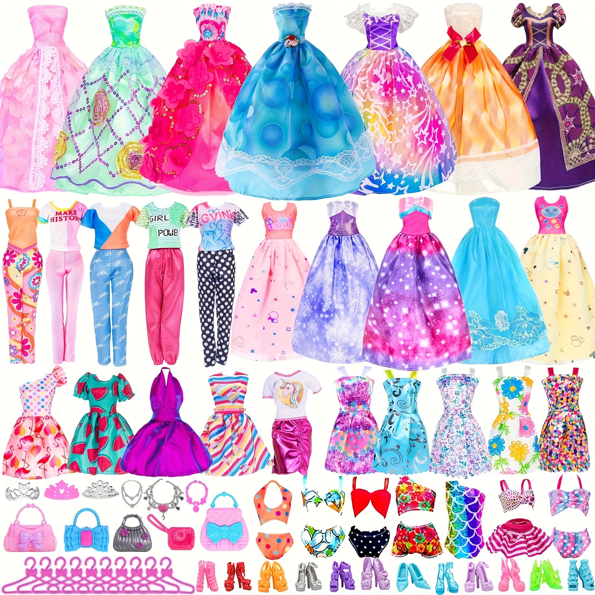 TEMU 48pcs 11.5 Inch Girl Doll Clothes And Accessories Including 2 Long Princess Dress, 2 Skirt, 2 Tops 2 Pants, 5 Slip Skirts, 2 Bikinis And 33pcs Doll Accessories (no Doll)