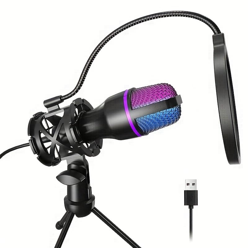 TEMU Rgb Condenser Gaming Microphone Kit - Pc Usb Microphone With Tripod/spray Cover | For Live Streaming/podcasting/ps5/pc Gaming/online Conferencing