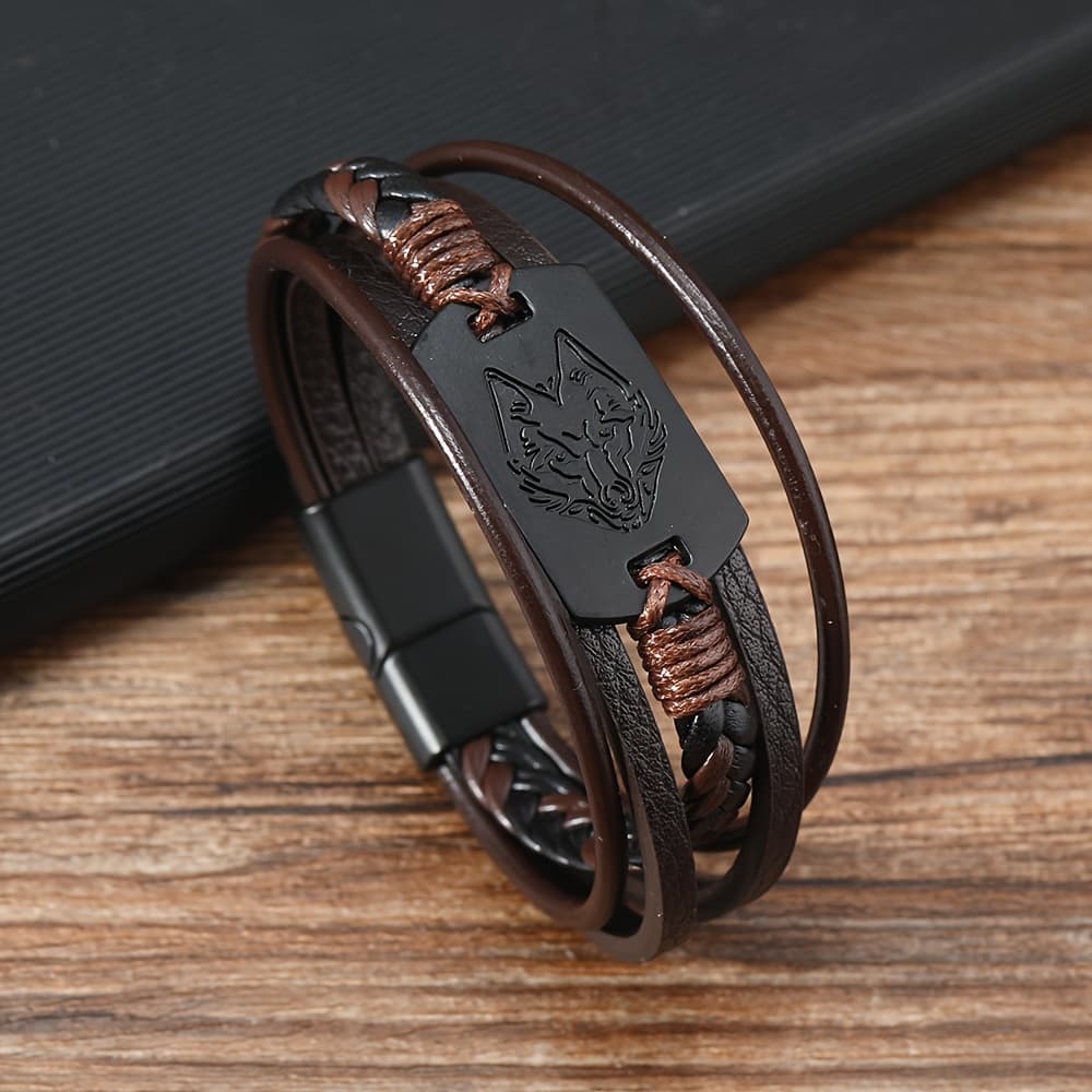 TEMU Wolf Head Pattern Pu Leather Bracelet, Casual Bracelet Jewelry