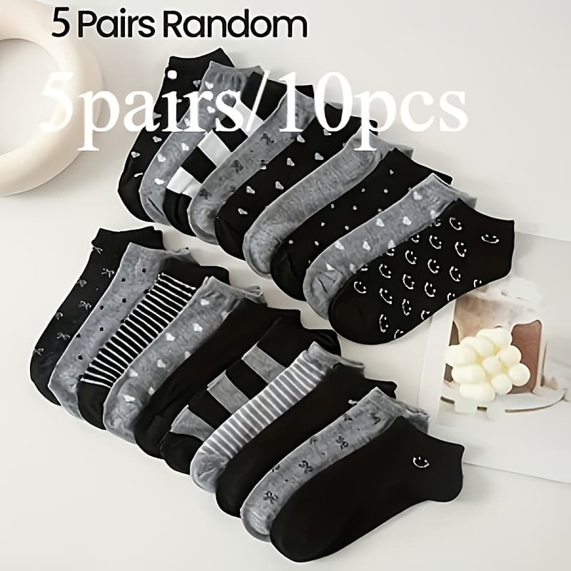 TEMU 5 Pairs/10pcs Mixed Women's Short Socks - Stripes And Polka Dot Heart-shaped Geometric Patterns, Breathable Low-cut Casual Sports Socks, Black Gray Versatile For All , Cute And Soft Texture