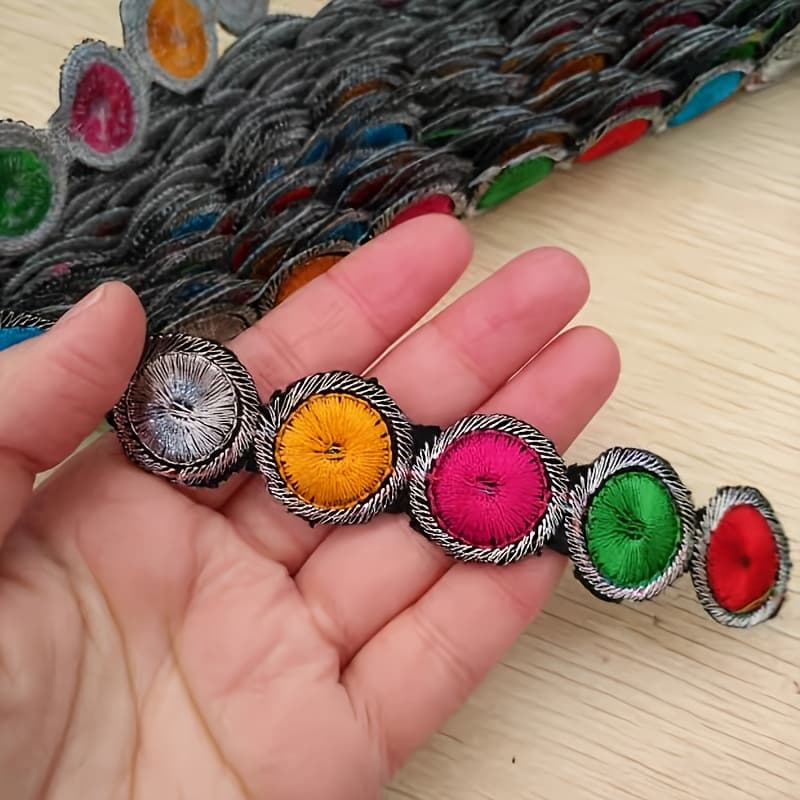 TEMU Colorful Mixed Color Silvery Thread Embroidery Iron-on Adhesive Backing Fabric Patch, Ethnic Clothing Accessory Decoration Trim