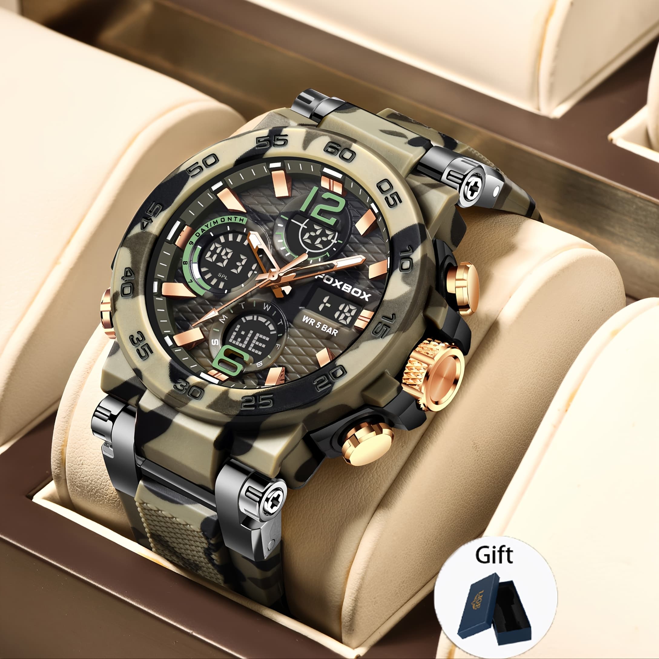 TEMU Men' Digital Watch With (digital & ), Led Backlight, , Stopwatch, Alarm, Quartz Movement, Olive Green Camouflage Strap, Golden Accents - Ideal Gift For , Outdoor |