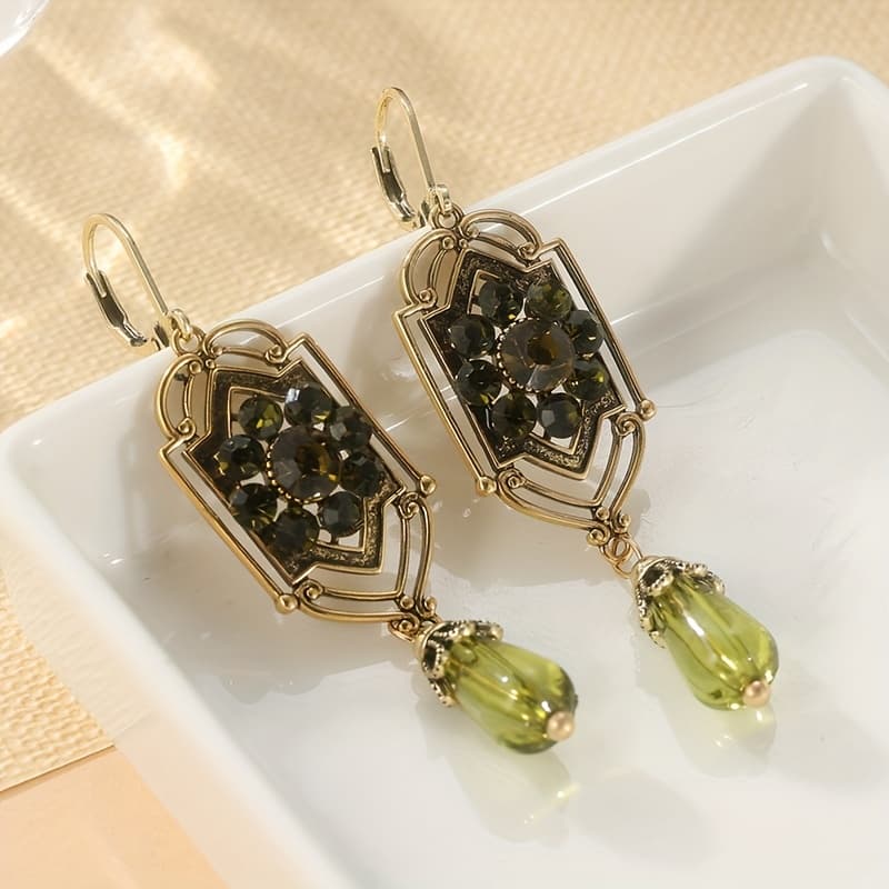 TEMU Victorian Decorative Earrings, Green Synthetic Zirconia Earrings, Antique Golden Earrings