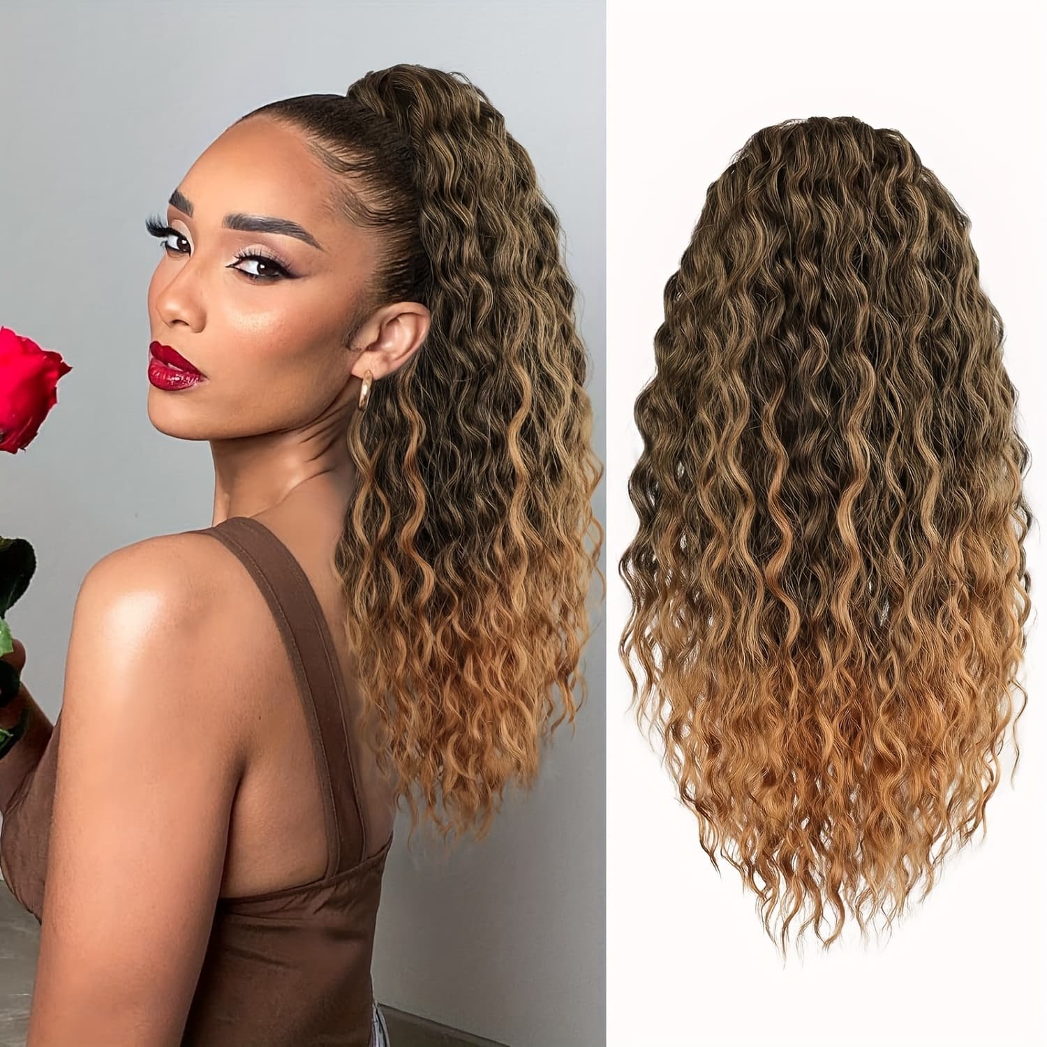 TEMU Elegant 16-inch Long Wavy Curly Synthetic Ponytail Extension With Drawstring - Afro Curly Fluffy Style For Women, High-temperature Resistant, Perfect For Daily Use, Ponytail Hair Extensions
