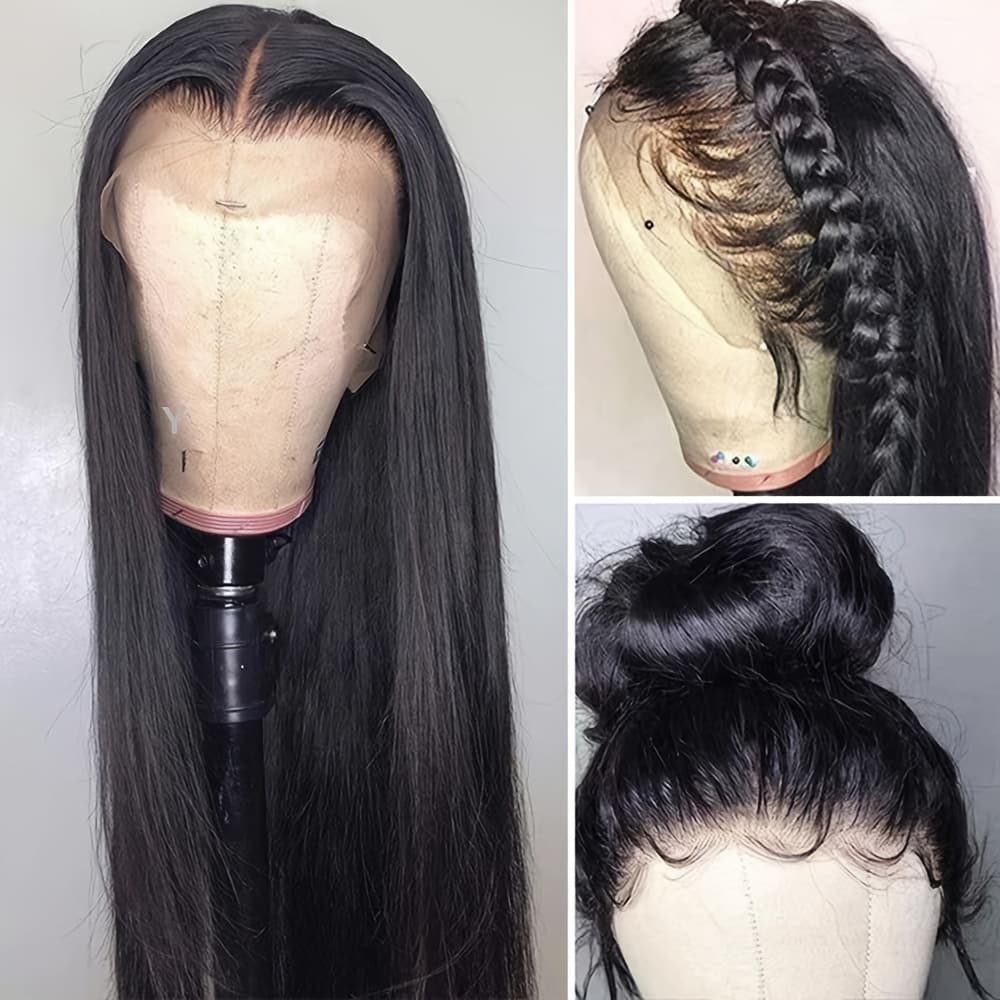TEMU 13x4 Long Straight 26 Inch Black Lace Front Wig - Heat Resistant Synthetic Fiber, Pre- Hairline, Texture For Women - Perfect For Cosplay, Parties, And Daily Use, Synthetic Lace Front Wig