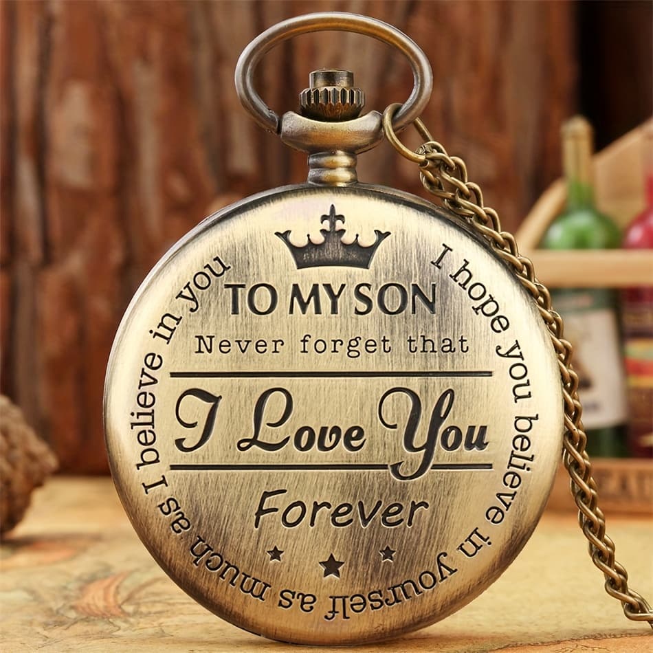 TEMU Vintage-style Pocket Watch With Inspirational Message - "to My Son" Quartz Necklace Pendant Gift From Parents, Non- Alloy Case, , Retro Design With Chain Included, For Women