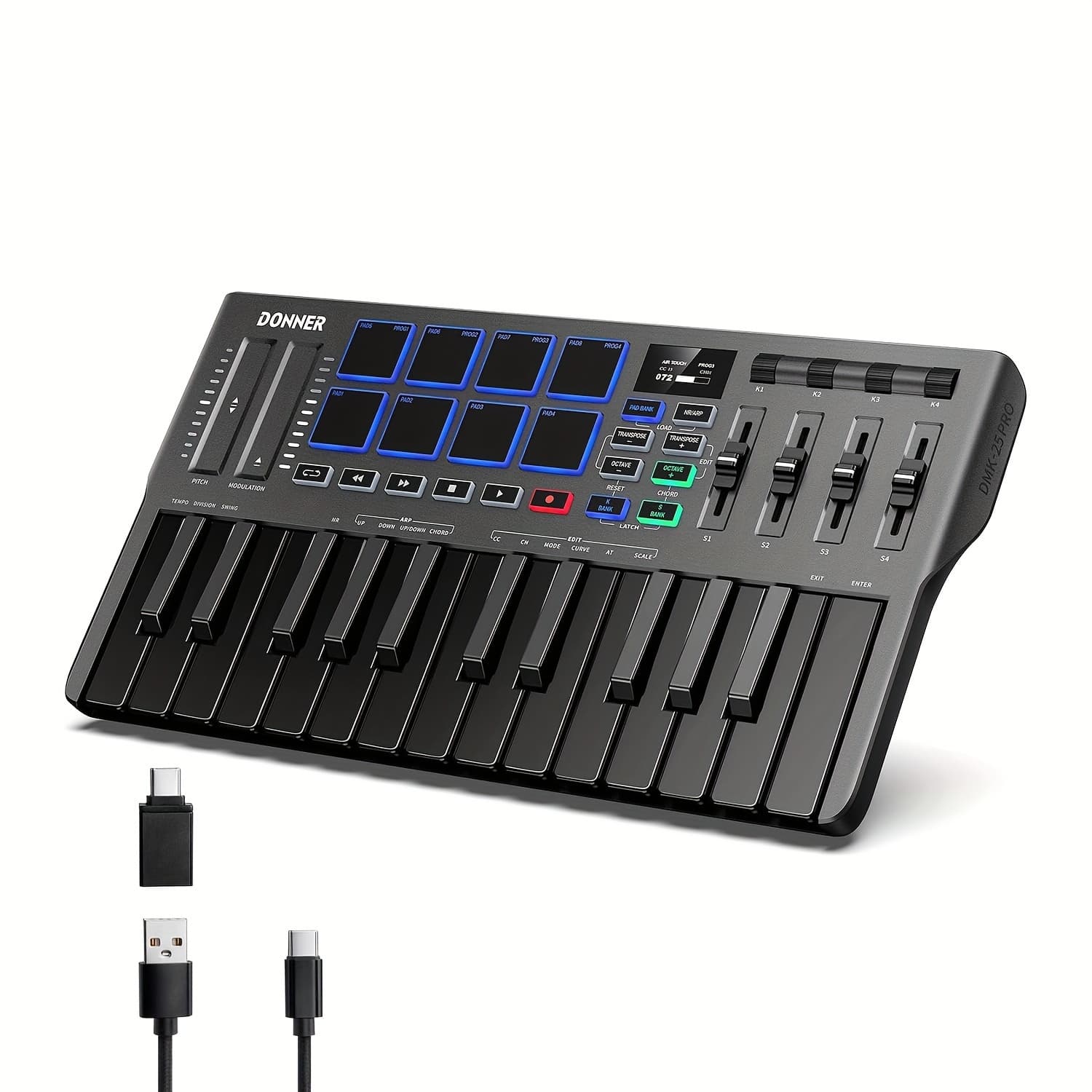 TEMU Donner Dmk25 Pro Midi Keyboard Controller, 25 Mini Key Portable Usb-c Midi Keyboard With 8 Drum Pads, Oled Display, , Music Production Software And 40 Free Courses