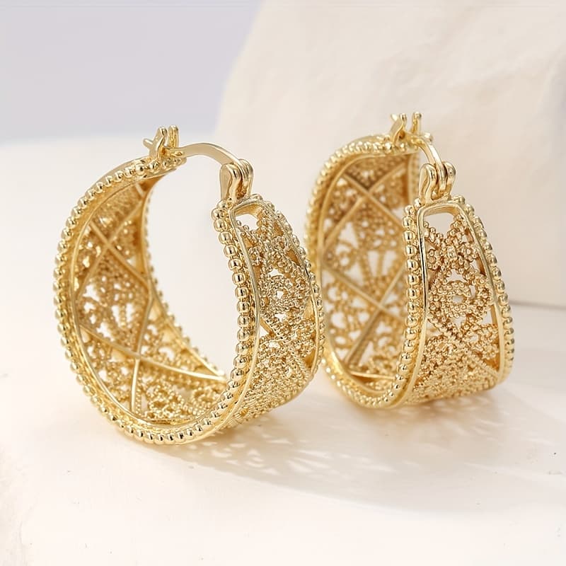 TEMU Yoyo Vintage Bohemian Golden Wire Hoop Earrings - Kc Golden-plated Intricate , Lightweight Durable Everyday Jewelry For Women, Christmas Gift Idea