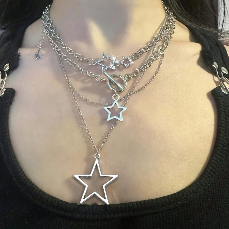 TEMU 3pcs Vintage Minimalist Fashion Hollow Pentagram Pendant Necklace