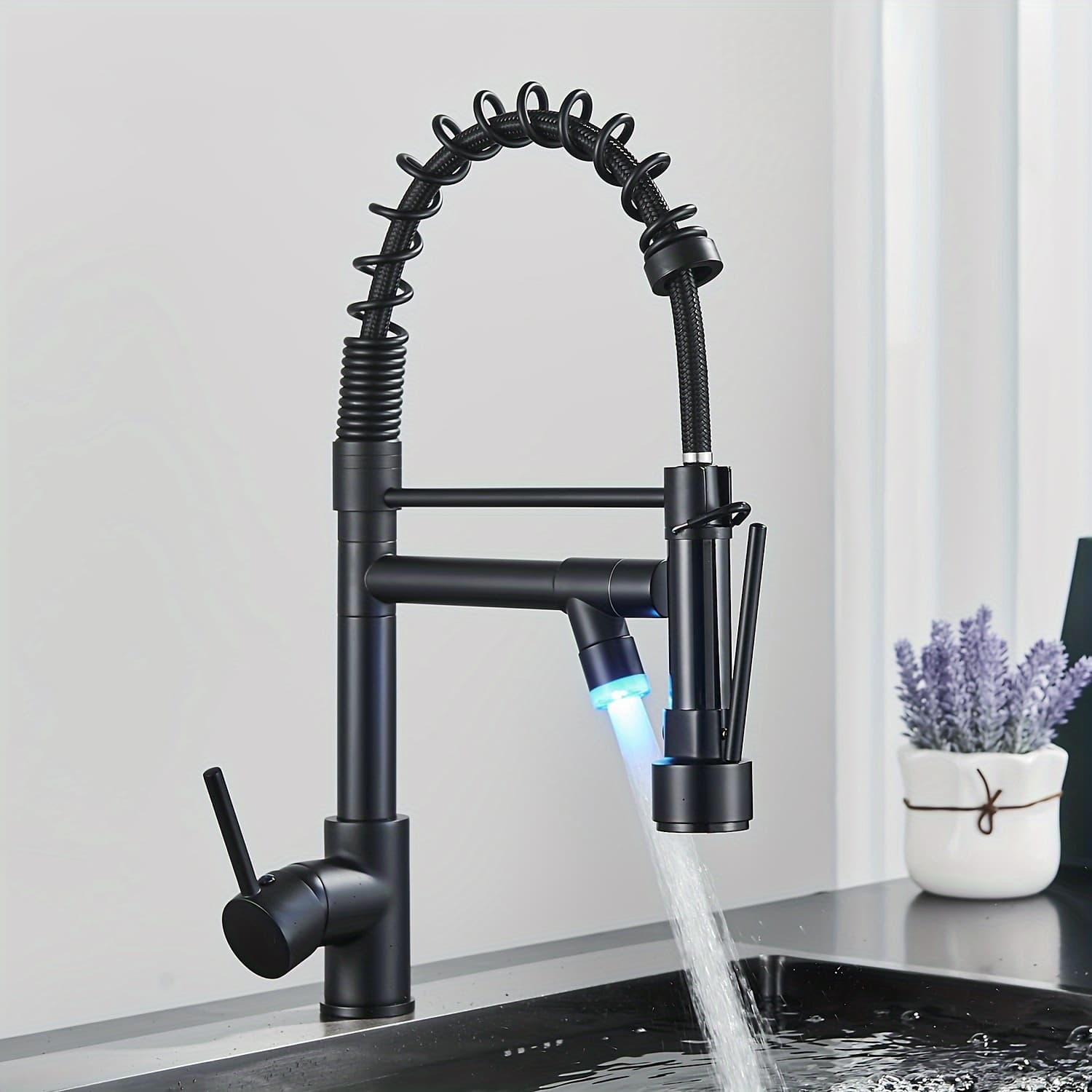 TEMU 1 Sink Faucet, Matte Black Commercial Kitchen Faucet, Rv Single Handle Single Hole Dual Spout Led Spring Loaded Kitchen Sink Faucet, High Arc, Black Kitchen Faucet With Led Lights