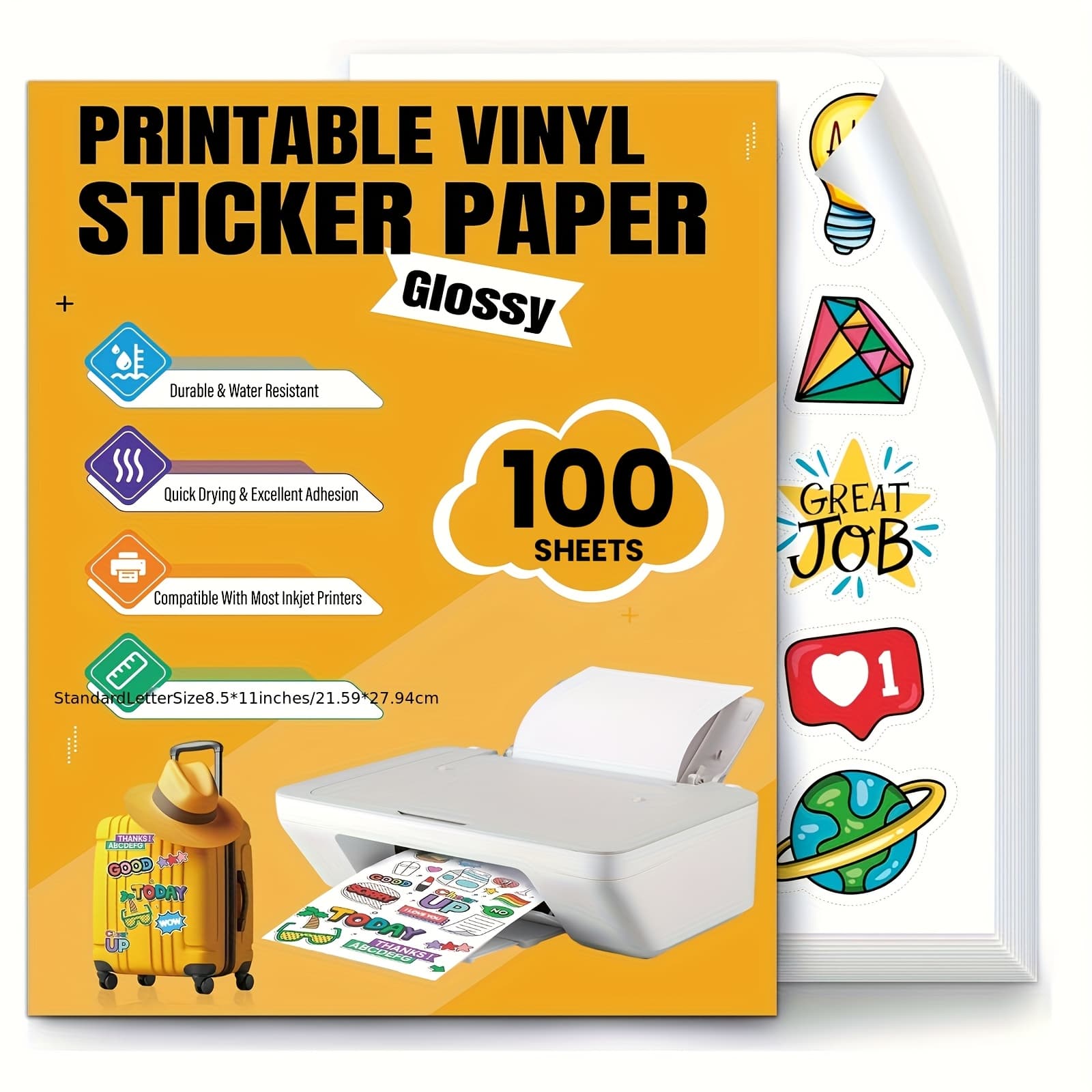TEMU 100 Sheets Of Printable Vinyl Sticker Paper - Waterproof Sticker Paper For Inkjet Printer - 100 Sheets Of Self-adhesive Paper - 8.5*11 Inch (white Glossy)