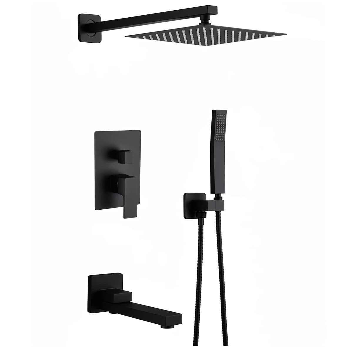 TEMU -resistant 3-setting Shower System, Modern Matte Black Square Shower Head With Handheld Sprayer, Tub Spout And Shower Valve Trim Kit, Durable Bathroom Shower Faucet Set
