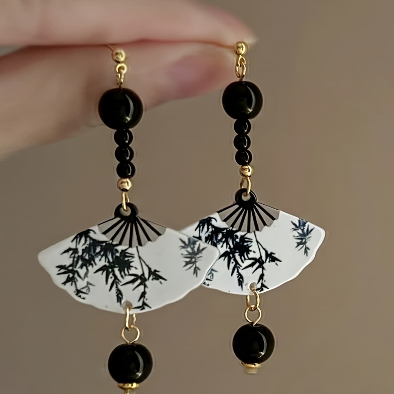 TEMU Chic Vintage-inspired Chinese-style Long Silvery Needle Ink Painting Fan-shaped Resin Earrings For Ladies