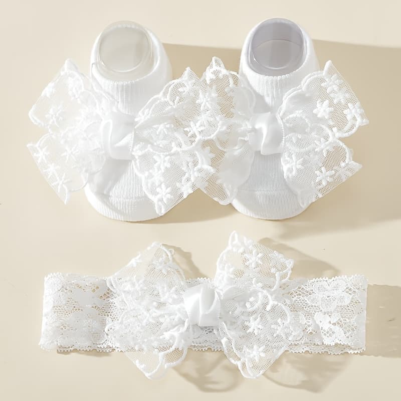 TEMU 1 Set Of Extra Large Lace Embroidered Sweet Bow Full Boat Socks + Bow Headband, Perfect For , Festivals, And First Birthday Gifts