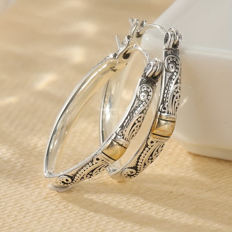 TEMU Vintage V-shaped Silvery Hoop Hand Carved Textured Earrings For Women, Bohemian Style Earrings, Electroplated 2 Tone Earrings