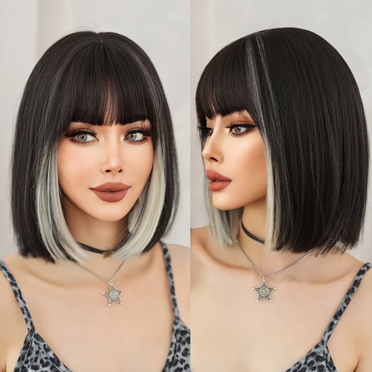 TEMU Costume Bob Wig Short Straight White Highlight Black Wigs For Women Daily Party Use High Density Highlight Silvery Bob Wig With Bangs Heat Resistant Synthetic Wigs 12 Inches