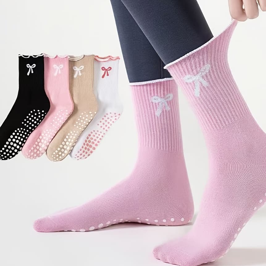 TEMU 4 Pairs Of Women's Socks, Pilates Socks, Women's Mid-calf Socks, Professional Dot-grip Anti-slip Yoga Socks With Embroidered Bows, Fitness Sports Socks