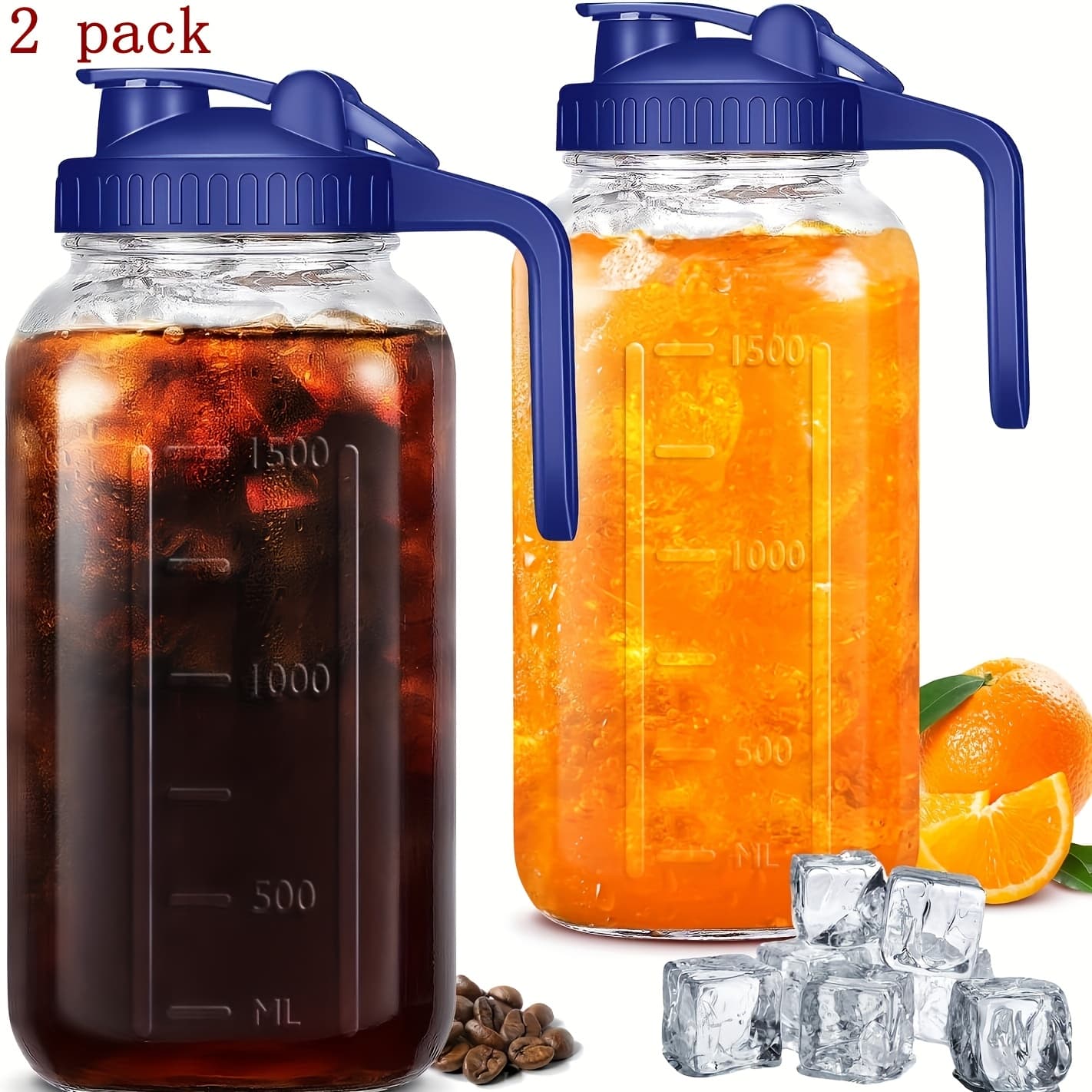 TEMU Grinkwell With Handle And Lid, 2/3 Pack, Bpa-free High Borosilicate Glass, Sports & Outdoor Beverage Carafe, Leak-proof, For Ramadan, Christmas, New Year
