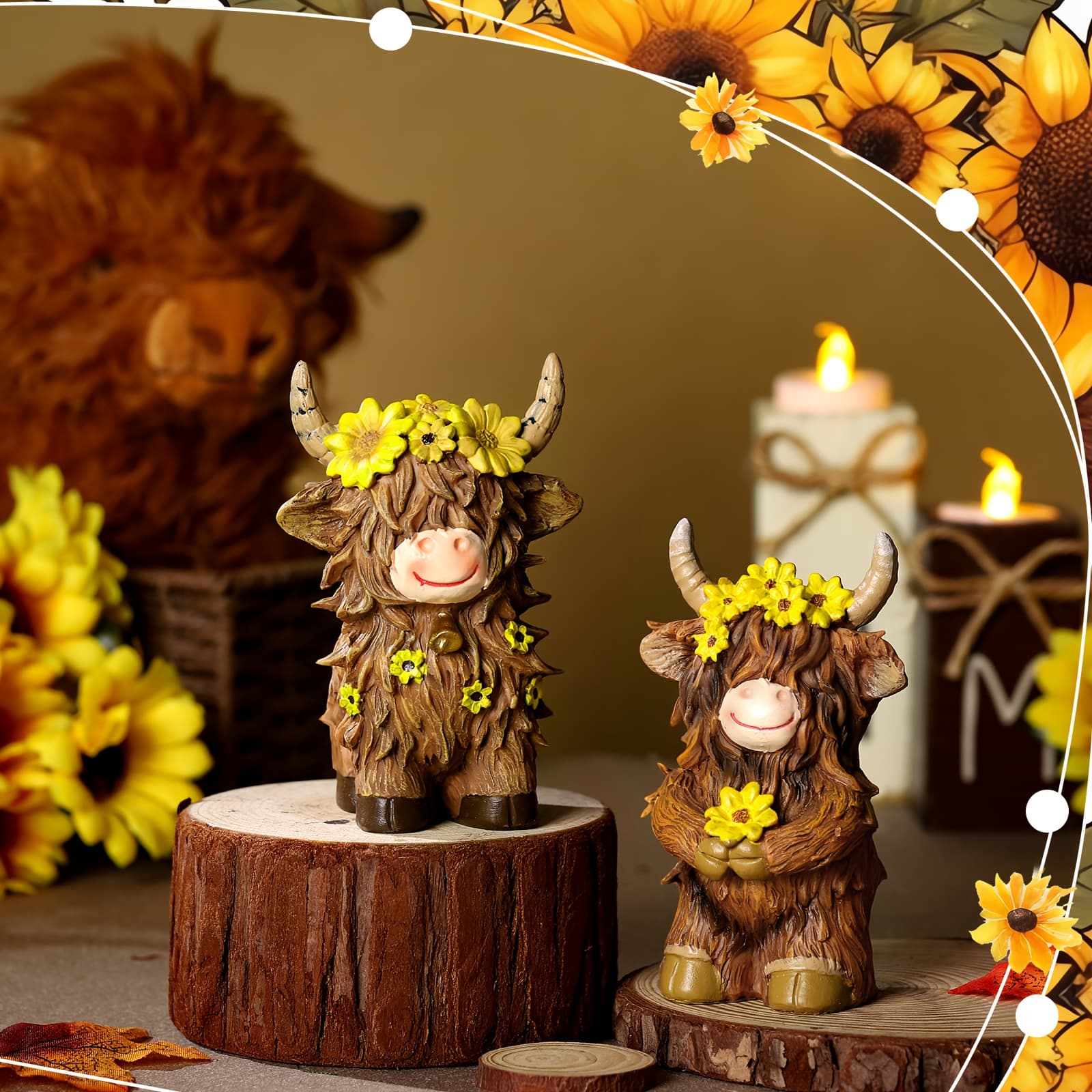 TEMU 2pcs Highland Cow Figurines Decor Cow Gnomes With Sunflower Resin Statue Calf Lovers Gifts For Farmhouse Home Garden Bathroom Kitchen Office Tiered Tray Table Decor Halloween Christmas Gifts
