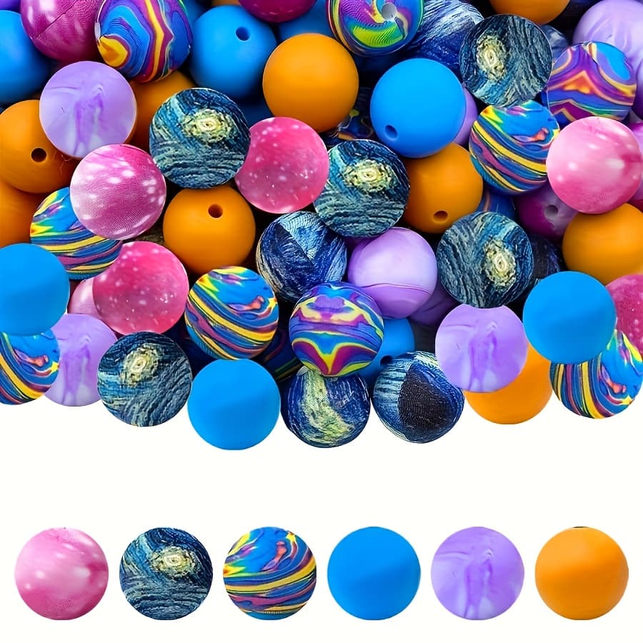 TEMU Set Of 45 Starry Sky Silicone Beads - Round Loose Beads With Design For Jewelry Creation, Keychains, Bracelets, And Necklaces - Bright Hues, Sturdy Craft Materials