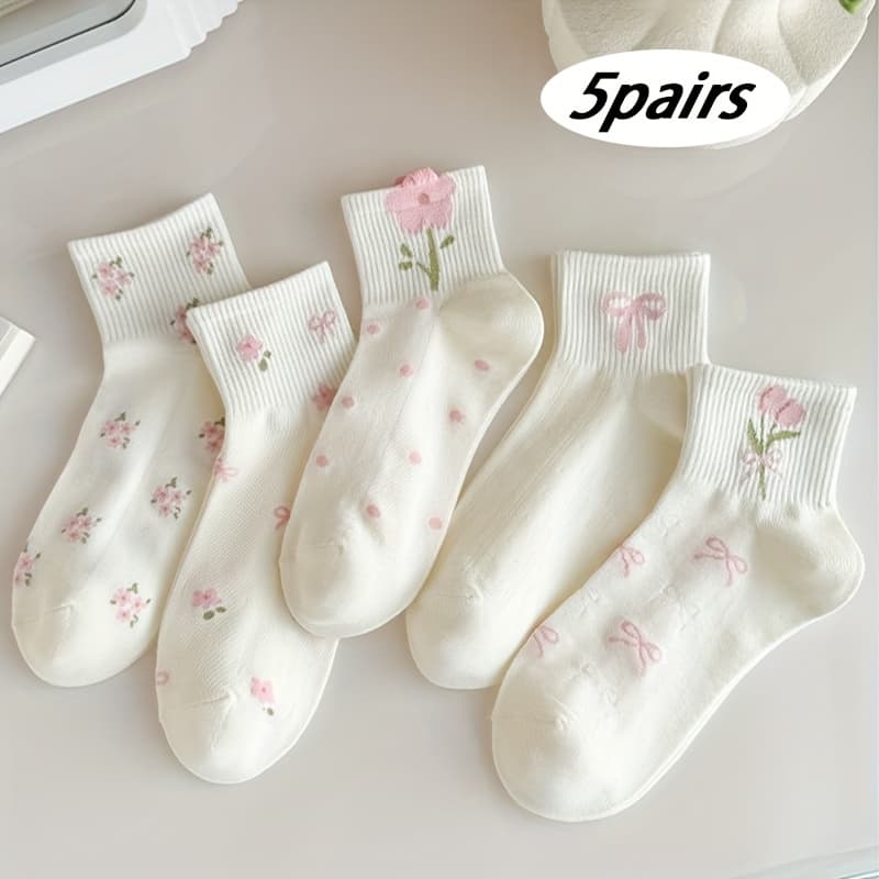 TEMU 5 Pairs Women's Floral & Bow Embellished Mid-calf Socks - Soft Pastel Colors, For Casual & Formal Wear, Cute Socks, Quality Fabric Construction