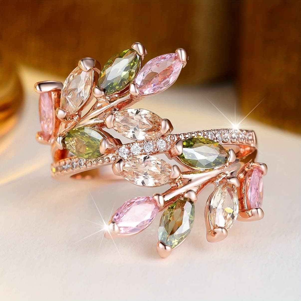 TEMU Angol An Elegant Marquise Cut Royal Blue Green Zirconia Leaf Ring Ladies Rose Golden Bohemian Cocktail Ring Wedding Ring
