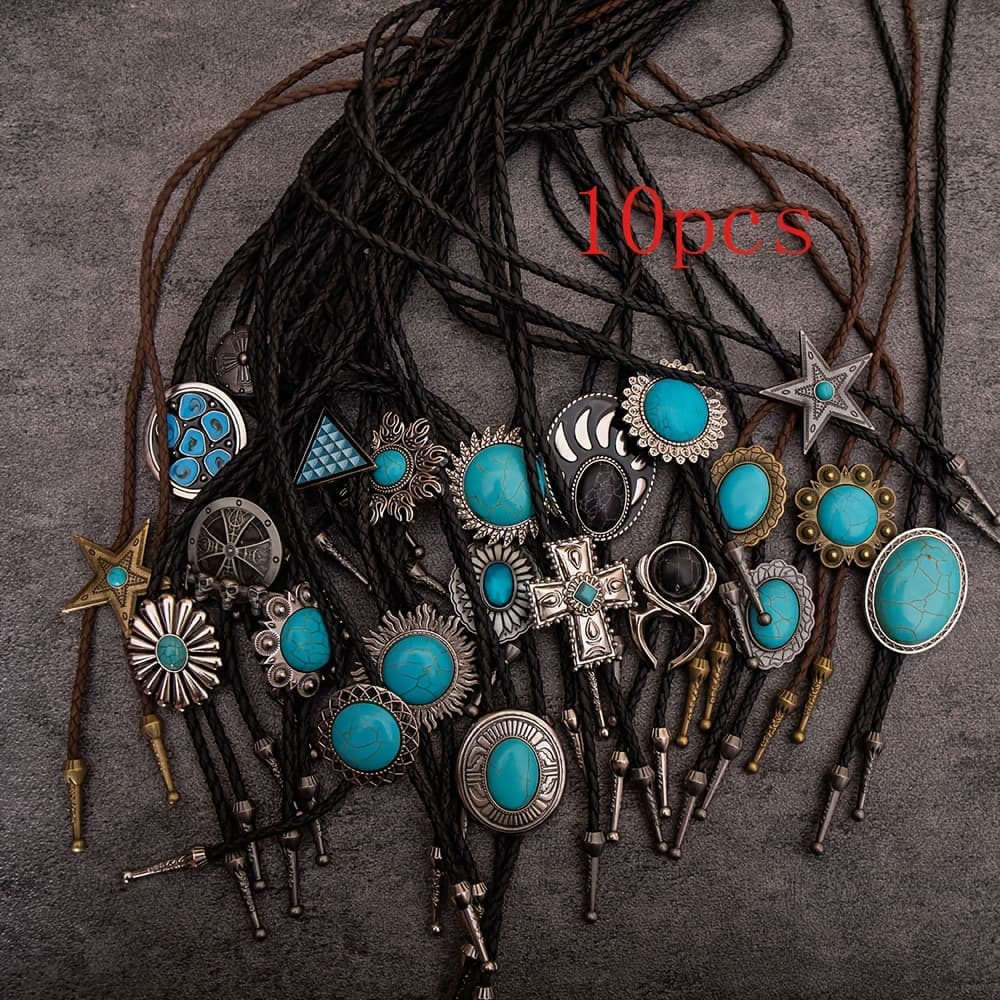 TEMU 10pcs Assorted Styles And Colors, European/ Turquoise Bolo Tie Necklace With Pu Leather Cord