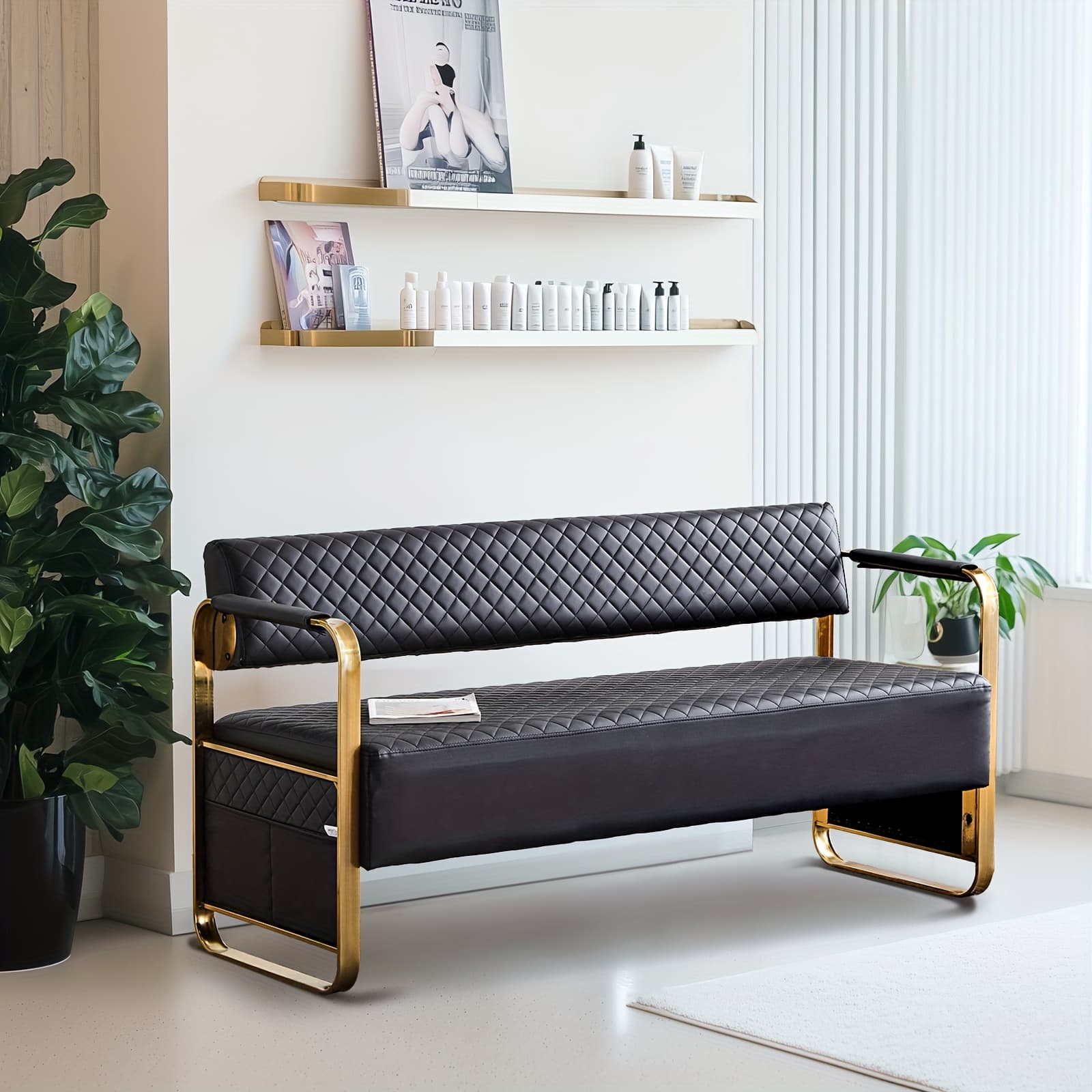 TEMU Chairs With , 57. 5''office Guest Chair Upholstered Bench Seating, Reception Furniture For Barbershop Airport Room Conference, Black&gold