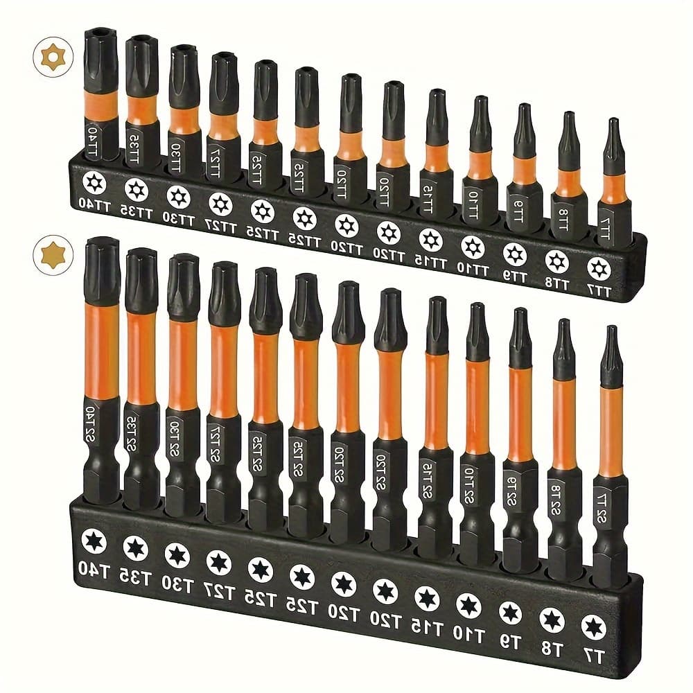 TEMU 26pcs Impact Torx Bit Set Includes Bits Ranging From T7 To T40, Made Of S2 Steel For Security And Tamper-proof Features. This Set Features Cnc Machined Tips, Impact Bits Of 1" And 2" Lengths