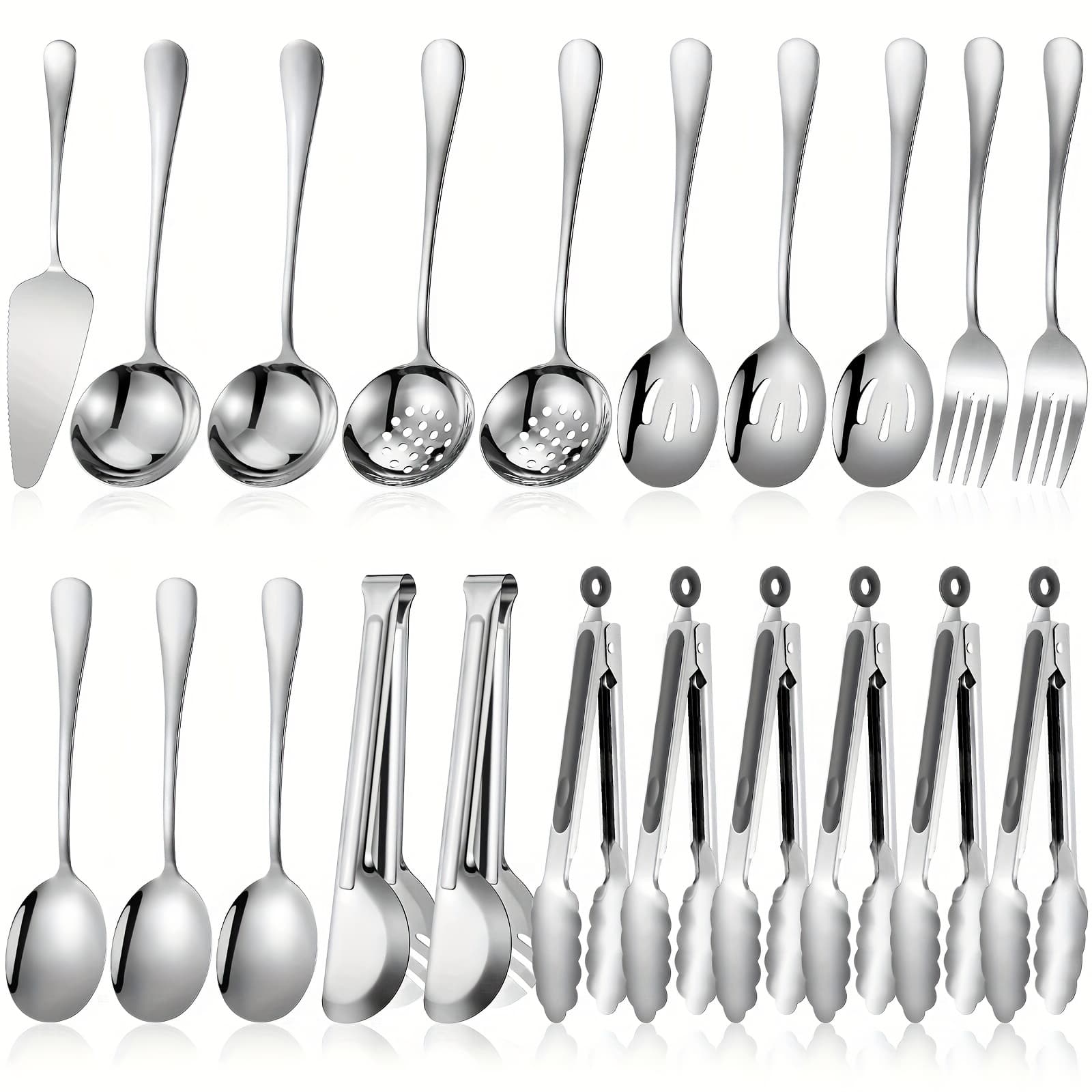 TEMU 19pcs Serving Flatware Set Including Stainless Steel Spatulas Forks Spoons Perforated Spoons Soup Spoons Skimmers Spoon Buffet Tongs Heavy Duty Serving Tongs For Home Dinnerware Sets (silvery)