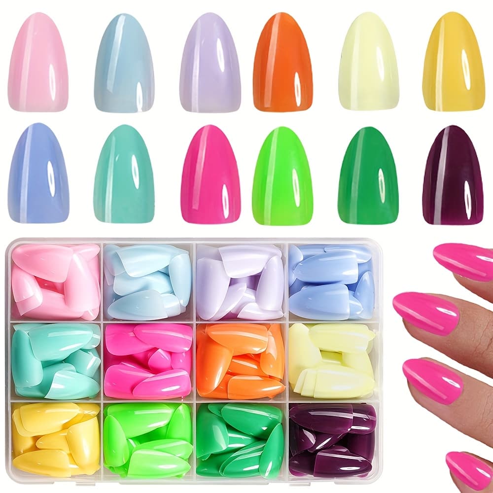 TEMU 288pcs Short Almond -on Nail Stickers, Glossy Surface, Nail Decoration Of 12 Macaron Colors, Suitable For Women And , Summer Use Of False Nails
