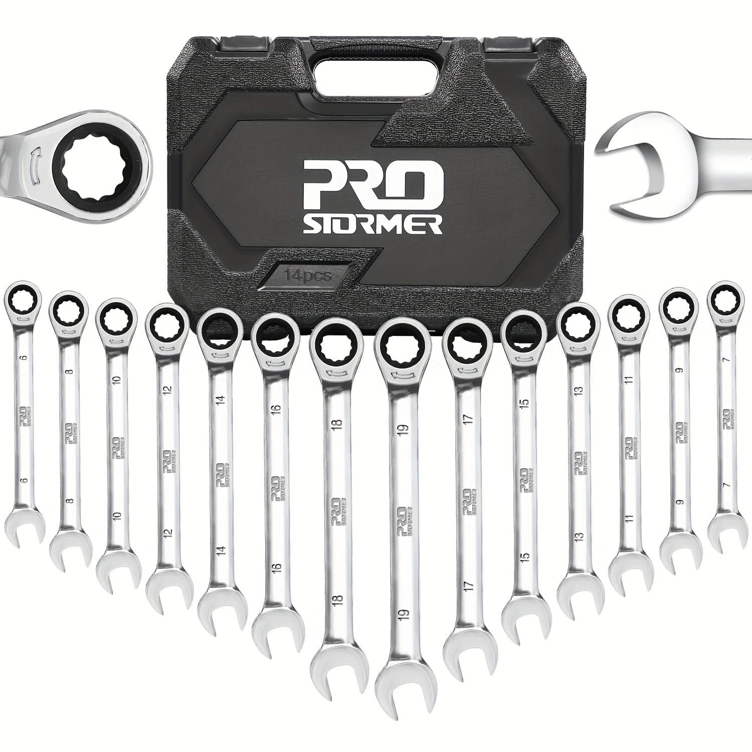 TEMU Prostormer 14pcs Ratcheting Combination Wrench Set, 6-19mm Metric Ratchet Wrenches Combo, Cr-, 72- Kit With Storage Case