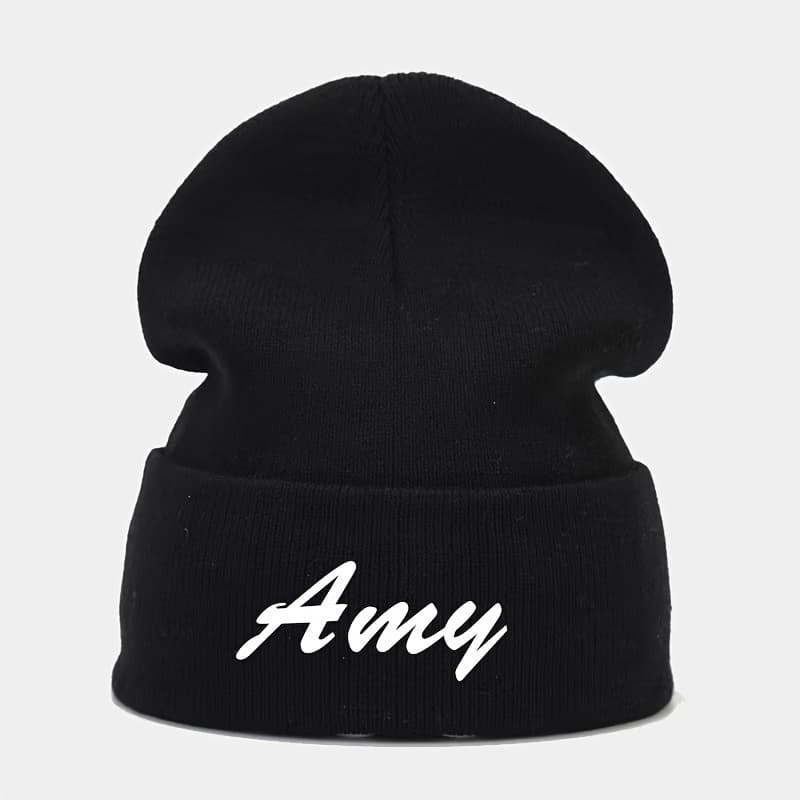 TEMU Customizable Knit Beanie Hat - 100% Acrylic Heavyweight Winter Skull With Personalized Name, Sporty Unisex Design For Outdoor Activities & Christmas Gifts (black/beige)