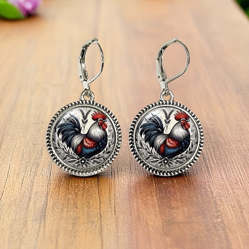 TEMU 1 Pair Rooster Illustration Retro Earring Round Glass Dome Earrings