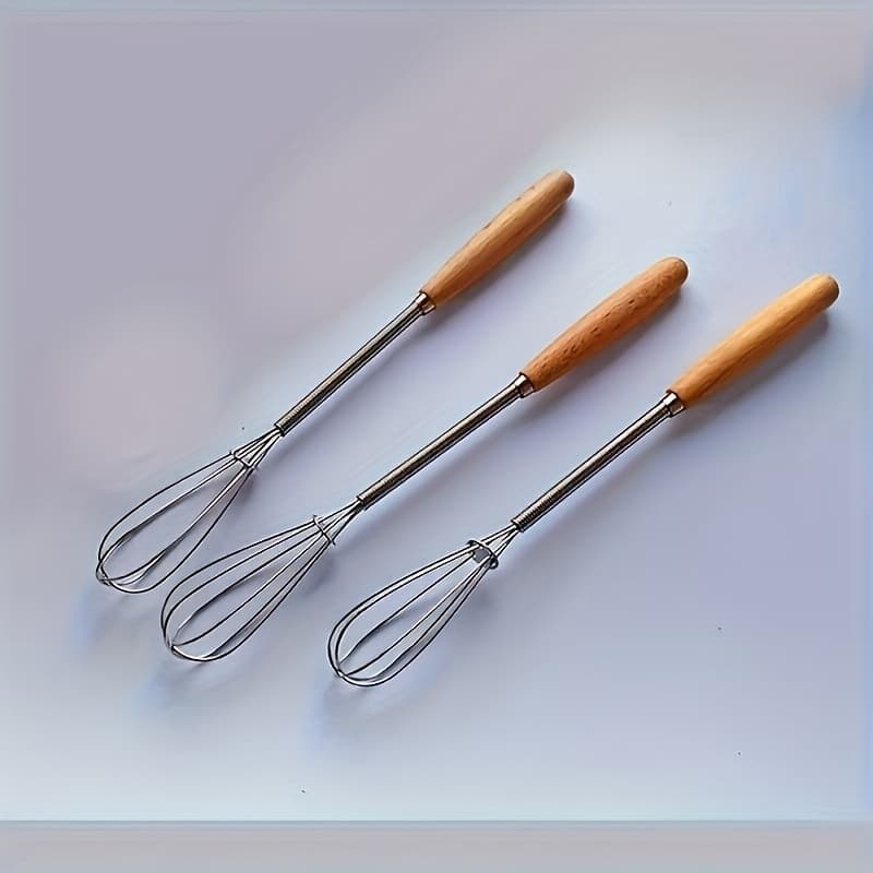 TEMU 3pcs Set Of Whisks With Solid Wood Handles, Stainless Steel Kitchen Whisk And Cream Mixer, 7.9 Inches