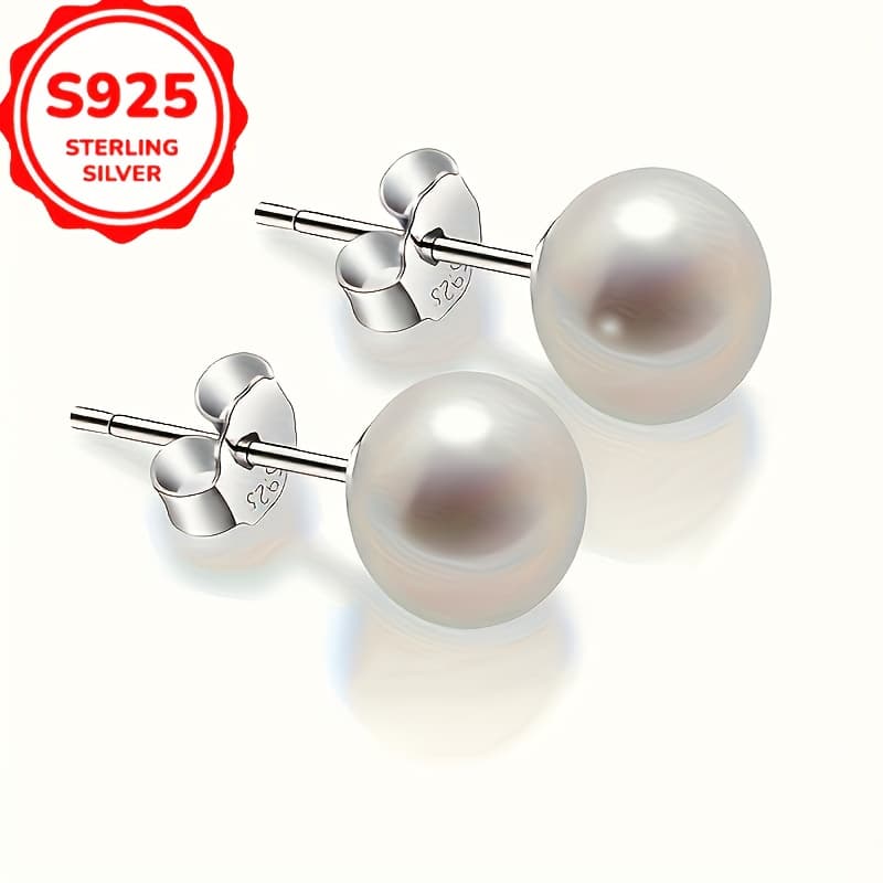 TEMU 1 Pair Elegant S925 Sterling Silver Stud Earrings, 8mm, Hypoallergenic With Ear , And Wedding Accessory, Silver Plated, Lightweight 1.7g, Gift For Mom And Lover