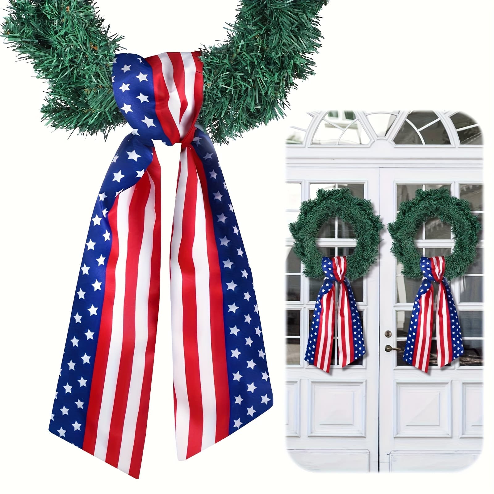 TEMU 2pcs Patriotic Ribbon | For Door Decoration Or Embroidery, Letter Combination, Outdoor Indoor Party, Yard Door, Width 11.43cm, Length 142.24cm, Red And Blue, Polyester