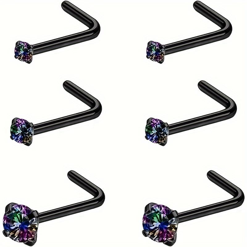TEMU 6pcs (multi-piece) Women' Steel Nose Ring Earrings Men's Round Cz Nose Bone L-shape Screw Nose Stud Set Nose Piercing Jewelry Black