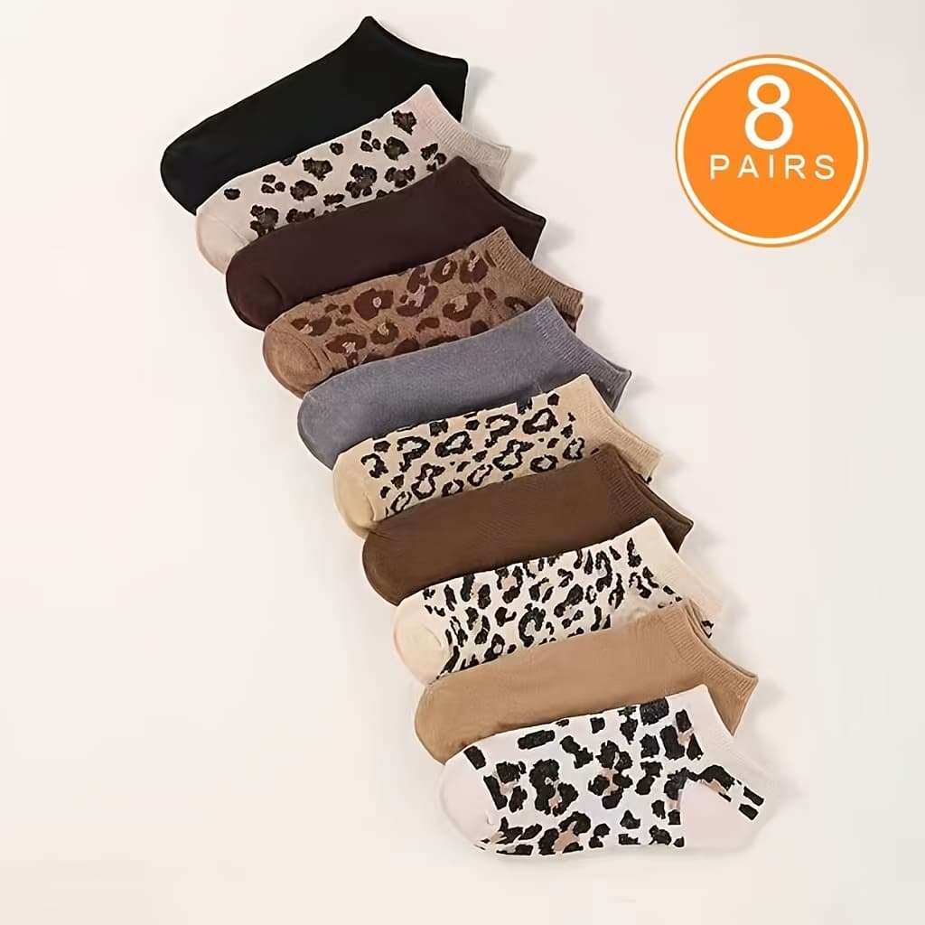 TEMU Random 8-pair Leopard/ Print Women's Socks, Simple Casual Socks, Fashionable Lightweight Ankle Socks, , Back-to- Running Sports Hiking Training Socks, Comfortable And Breathable