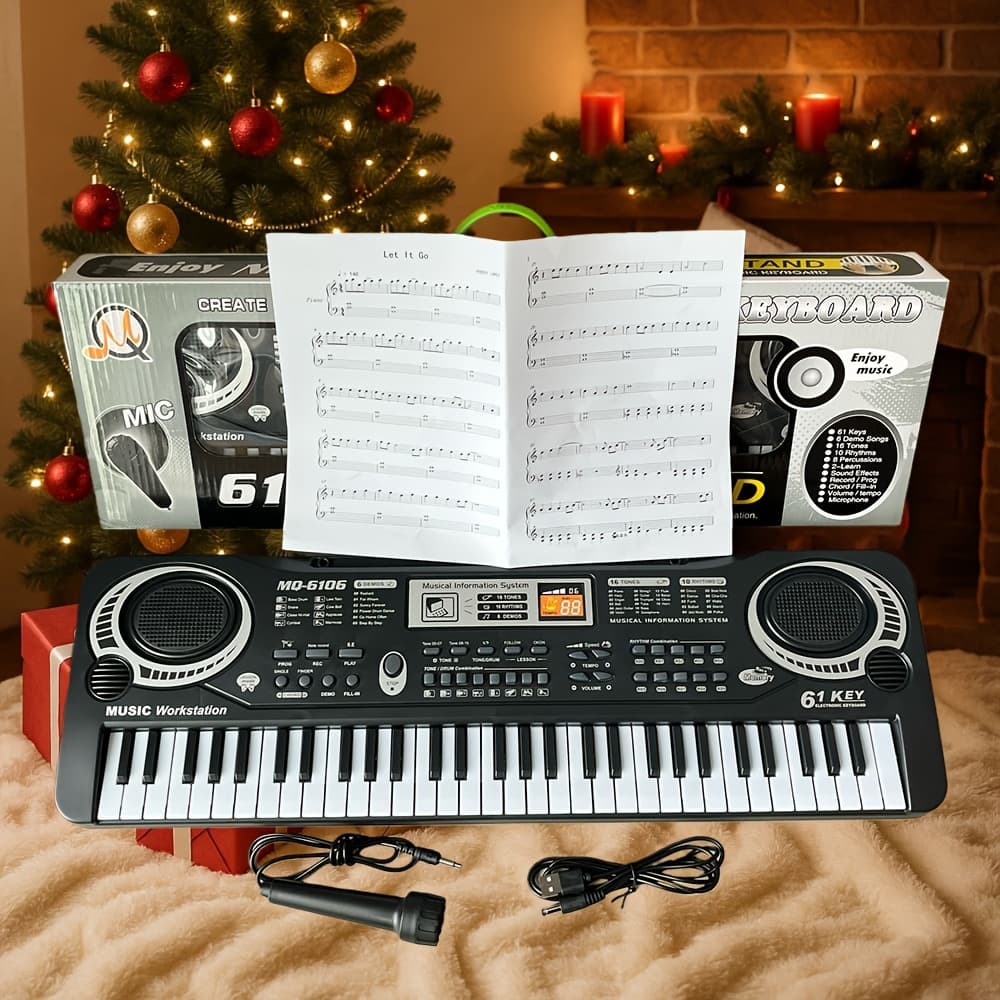 TEMU 61-key Electronic Piano Keyboard Set With Built-in Mic And Printed Music Sheets | Usb Power | Complete Beginner Kit For Home Use | Ideal Birthday Gift