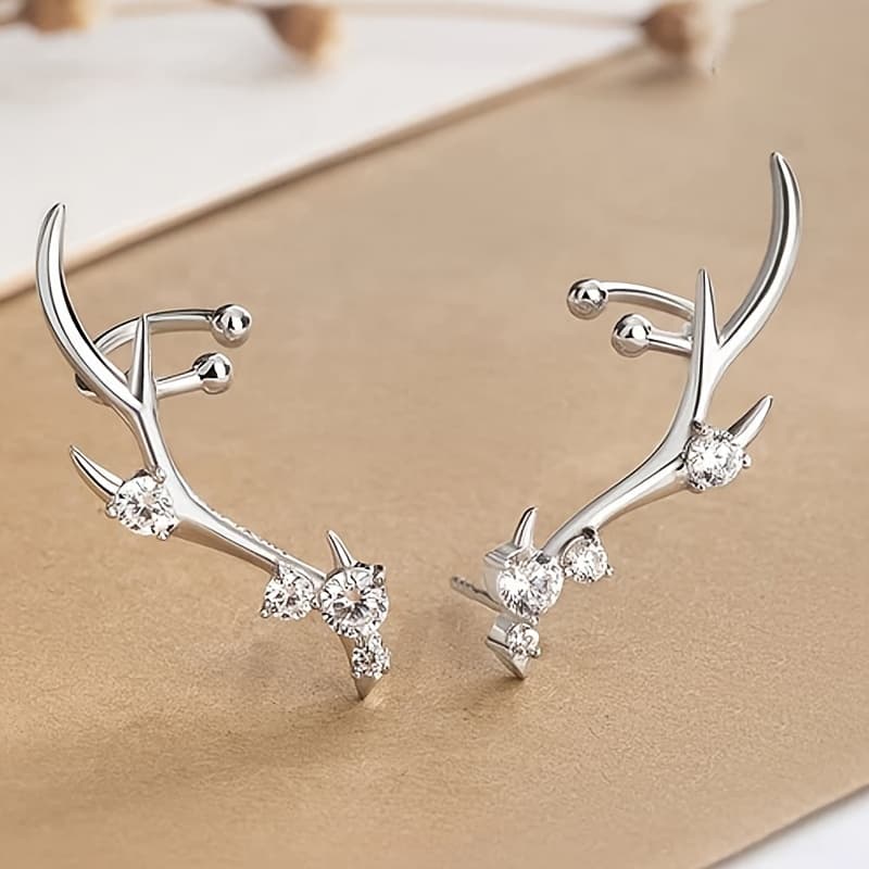 TEMU 1 Pair Of Women's Fashion Stud Earrings, Simple Reindeer Antler Design With Synthetic Synthetic Zirconia, Christmas Earrings For Women, Elegant Daily Casual Accessory, Christmas Gift