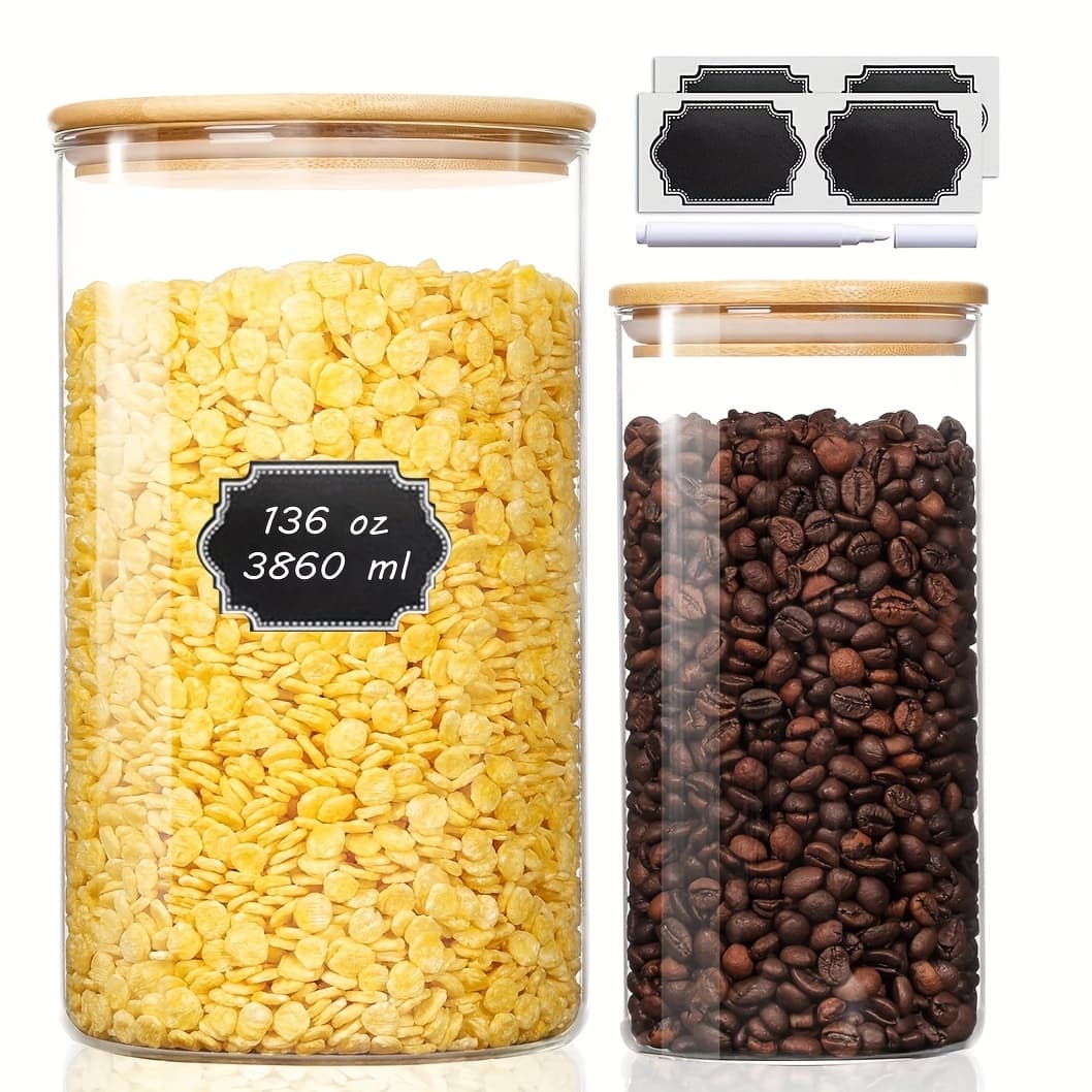 TEMU 2pcs Large Glass Jar With Airtight Bamboo Lid(140oz+45oz), Labels And Pen, Glass Food Storage Container With Lid, Clear Glass Food Canister For Dry Rice, Sugar, Flour, Pasta, Cereal, Beans, Nuts