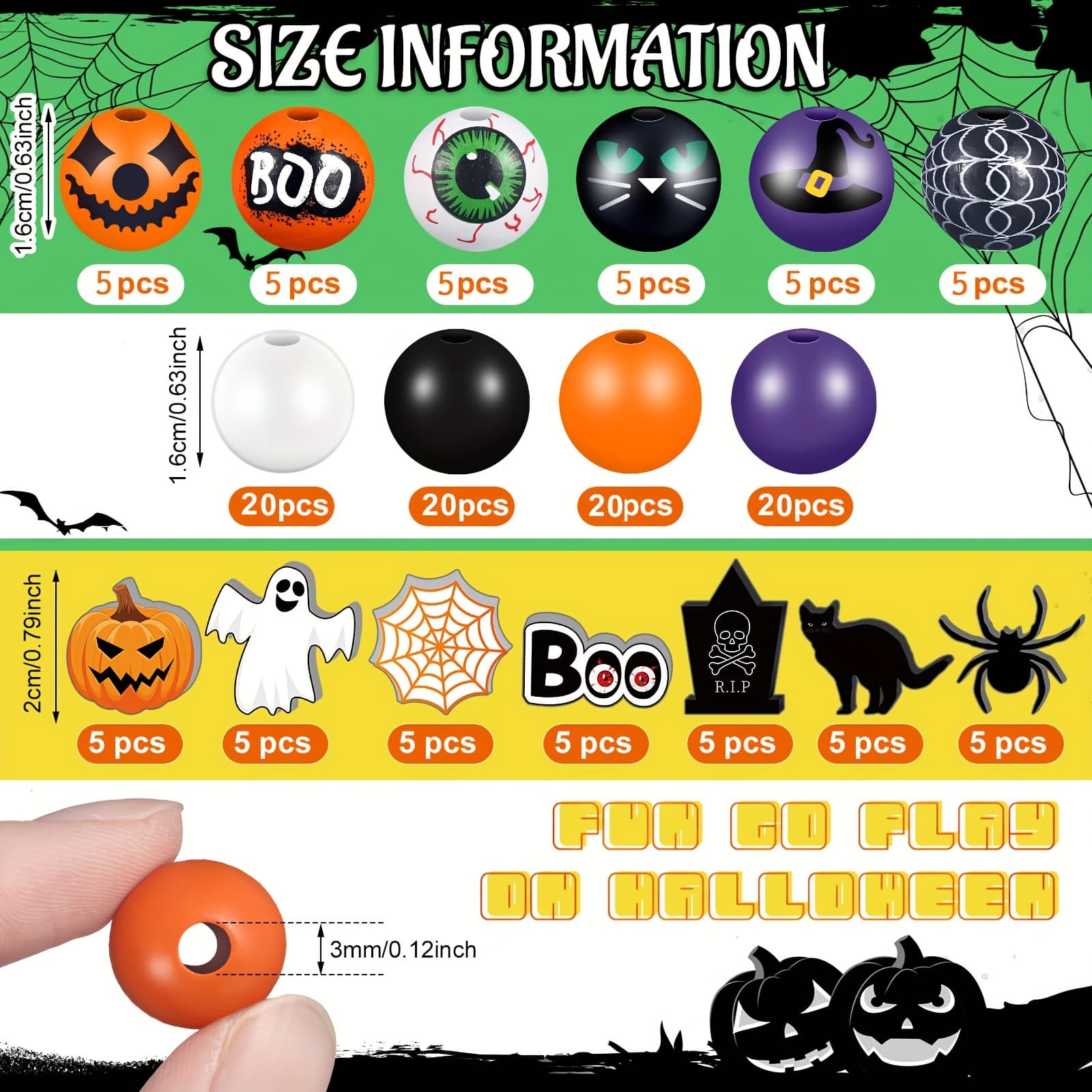 TEMU 145 Halloween-themed Wooden Beads In Purple And Orange, Featuring Designs Like Pumpkins, Spiders, And Black Cats, Perfect For Crafting, Home Decor, And Jewelry Making