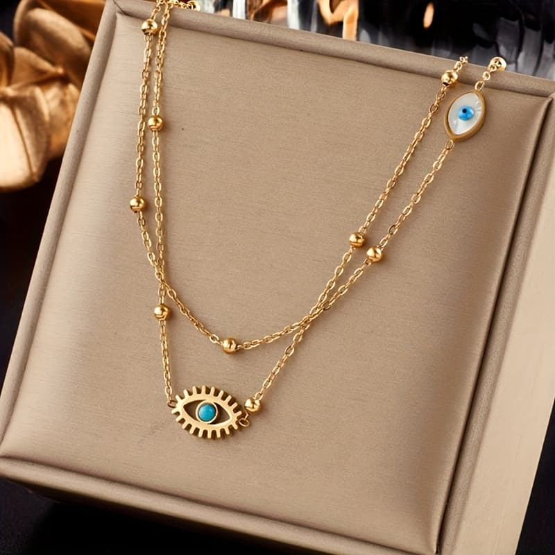 TEMU Punk Style Stainless Steel Eye Necklace Double Chain Necklace Fashionable Trend Jewelry Gift