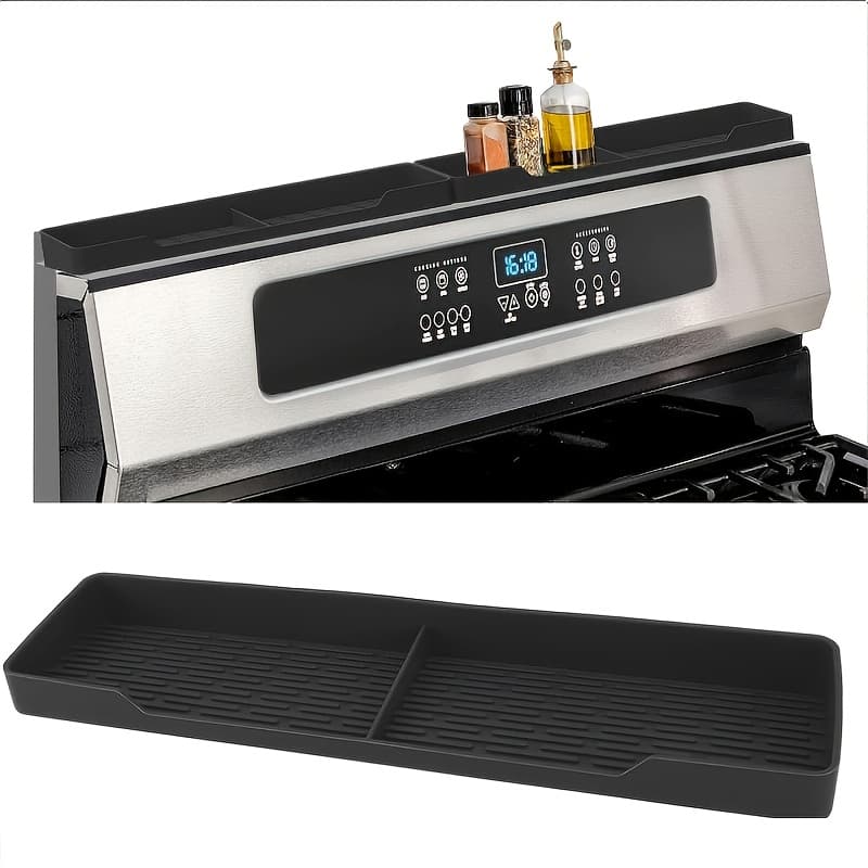 TEMU Magnetic Stove Shelf Organizer 15 Inch - Heat-resistant Silicone Kitchen Storage With 2 Non-slip Partitions, Space Saver For Gas & Induction Cooktops, Black