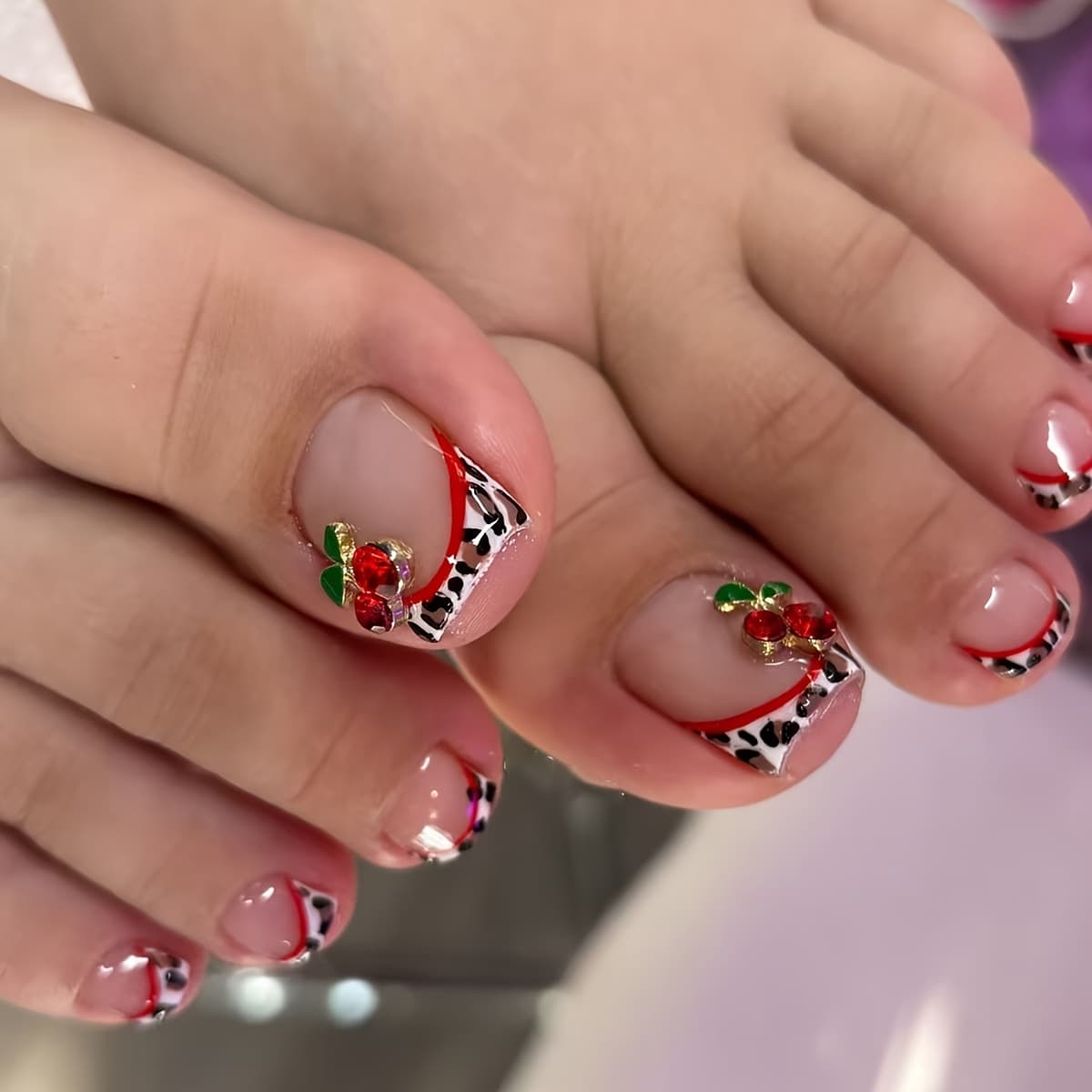 TEMU Set Of 24 French Square-shaped Artificial Toenails, Featuring With French Leopard Patterns And Other Styles, Vibrant Fake Toenails Ideal For Everyday Use, Complete With Necessary Tools