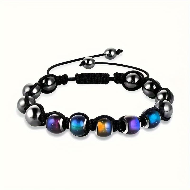TEMU Moodbead Thermochromic Color-changing Bracelet With Natural Hematite Beads & Mood Beads - Adjustable Beaded Jewelry Suitable For &, Temperature-sensitive For -activated Color Change
