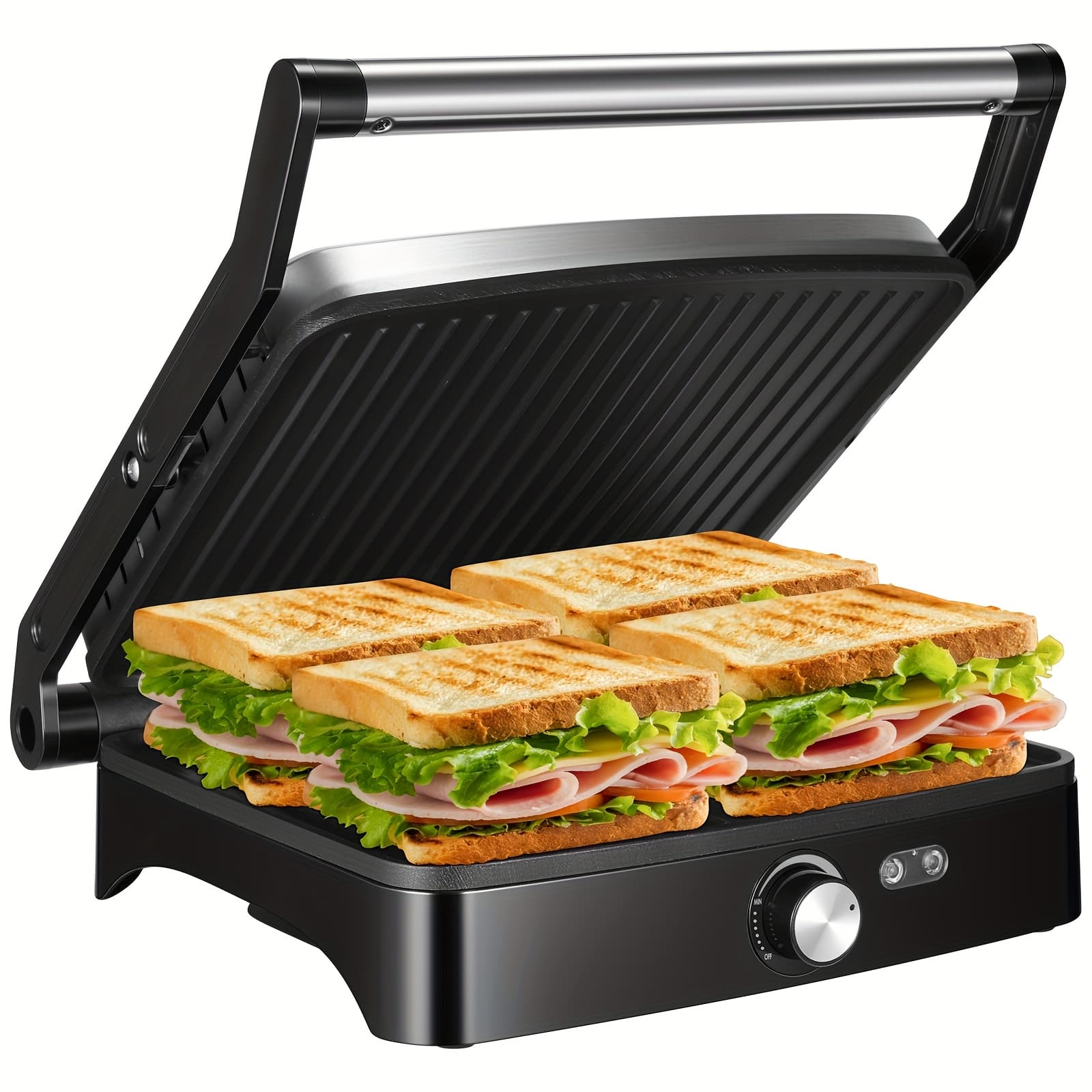 TEMU 1200w And Sandwich Maker, Versatile Grill For 4 Slices With Adjustable Temperature, 180° Opening For Bigger Items, Removable Drip Tray, Suitable For Indoor Use
